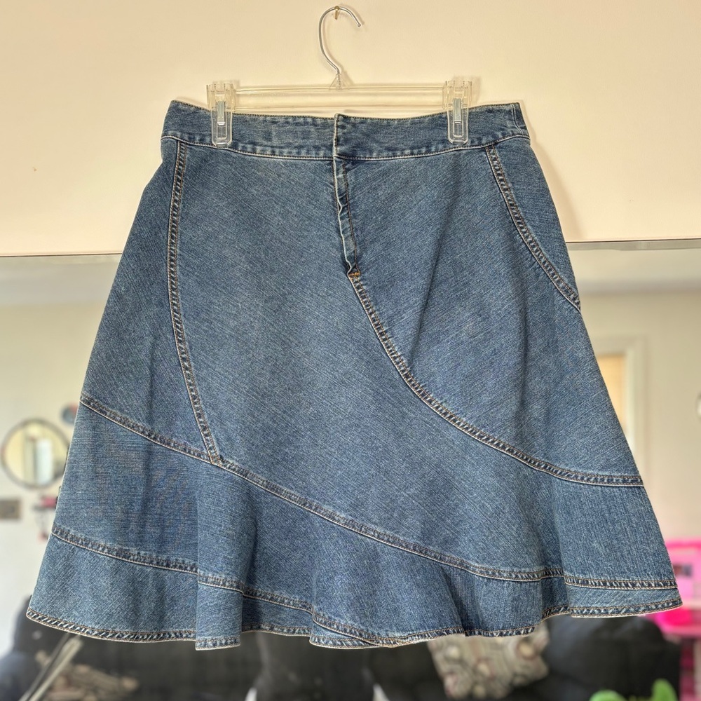 Vintage The Limited Ruffled Jean Midi Skirt Flowy 100% Cotton Tiered Denim SZ 10